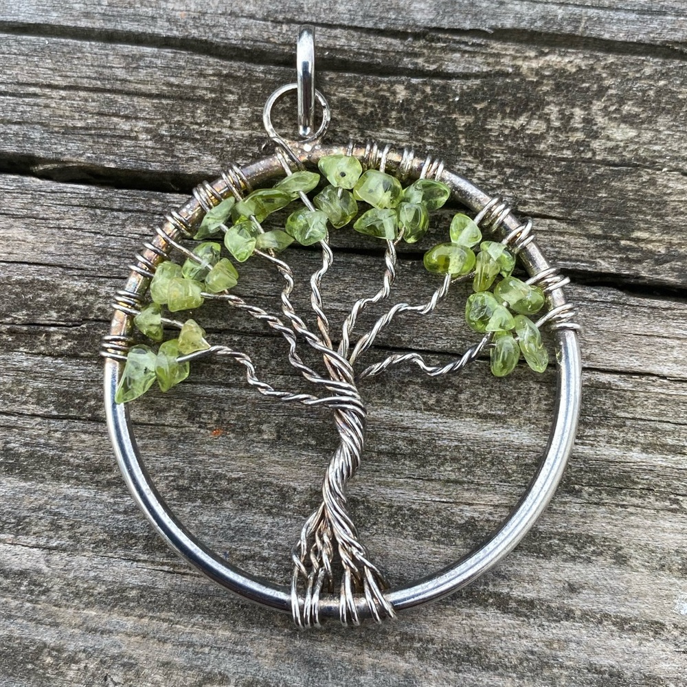 Tree of life pendant Sterling Silver with genuine peridot gems wire wrapped